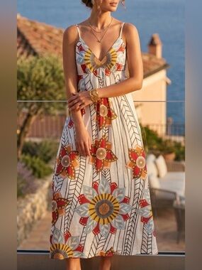 Trulli Women 4 Floral Geometric‎ Cotton Silk Maxi Dress V-Neck Spaghetti Strap